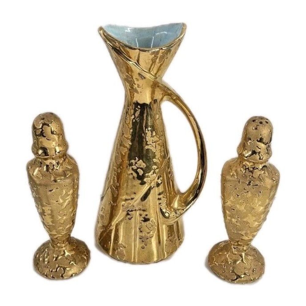 Vtg Savoy Weeping Gold Mid Century Modern MCM Vase Plus Salt‎ and Pepper Shakers